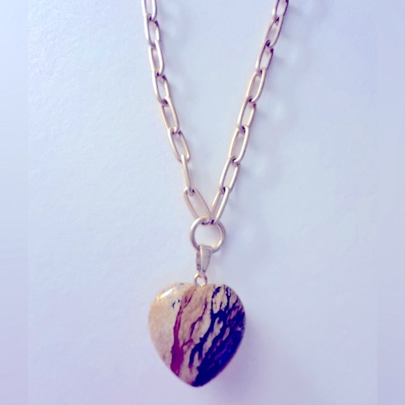 CANVAS NWT necklace Picture Jasper stone Heart matte paperclip  gold chain 18” - Picture 3 of 11